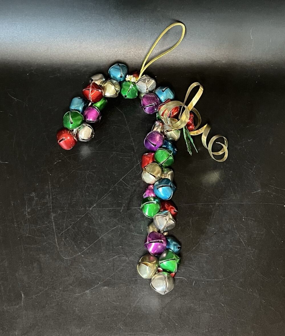 Metal Candy Cane Jingle Bells Vintage Christmas Ornament 11'' Holly Bow Hang